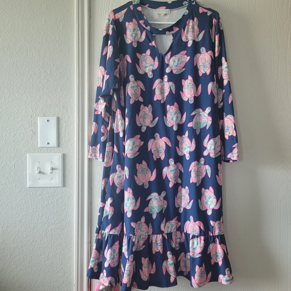 Simply Southern Womens Turtle Ruffle Hem Shift Dress 2X Blue Pink Pockets - Picture 1 of 2